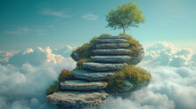 An Image Of A Ladder With Steps Made Of Different Natural Elements Like Stone, Wood, And Water, Ascending To The Clouds,
