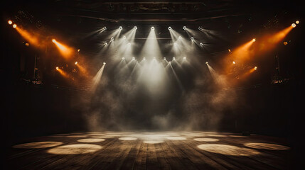 Wall Mural - Empty concert stage with illuminated spotlights and smoke. Stage background , white spotlight and smoke