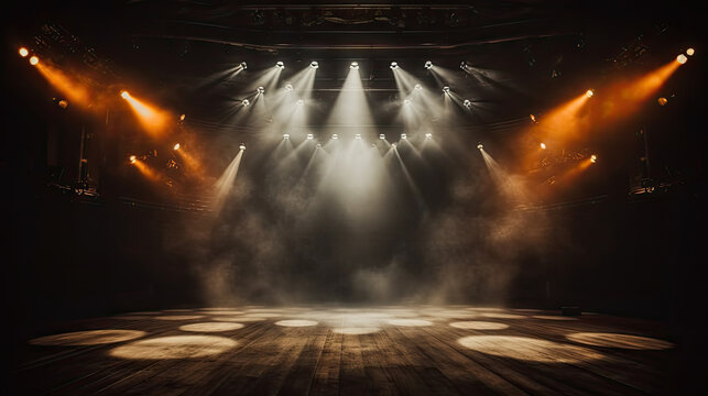 empty concert stage with illuminated spotlights and smoke. stage background , white spotlight and sm