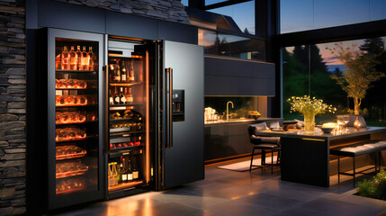 Experience the luxury of a well-stocked home bar in this modern kitchen. The illustration highlights a white interior with a collection of premium beverages.