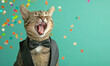 A cat with an open mouth and closed eyes in a suit celebrates his birthday. The cat shouts congratulations at the holiday. Festive background with confetti for website and advertising. Holiday.