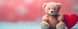Capture the essence of a cute Valentine teddy bear in a dreamy, pastel-infused style, holding a romantic red love heart against a colored background