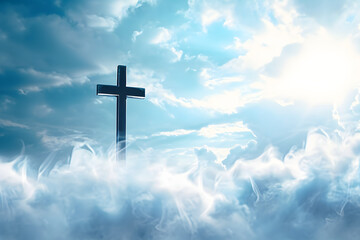 Wall Mural - Christian cross in heavenly wallpaper with ethereal clouds, symbolizing heaven or spirituality.