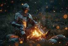 Knight In Full Armor Sitting By A Campfire