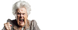 Fototapeta  - Elderly woman grandmother screams in angry anger, aggressively disappointed, white background isolate.