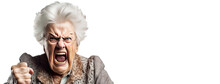 Elderly Woman Grandmother Screams In Angry Anger, Aggressively Disappointed, White Background Isolate.