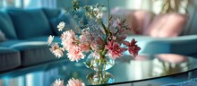 Bouquet Of Artificial Hydrangea Flowers On A Mirror Table Details Of Decoration Of Living Room Spring Mood Spring Decore In A Room Light Interior Full Of Flowers Gentle Pink And Blue Decore