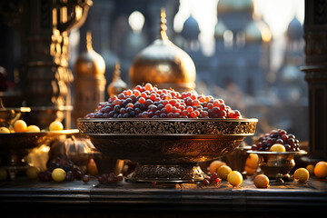 Festive sweets dry fruits for Ramadan, Islamic Muslim religious event. Mosque dome background.