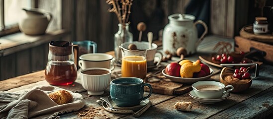Wall Mural - Breakfast relaxation time concept Different coffee mugs and cups on a cozy kitchen table Top view flat lay background. Creative Banner. Copyspace image