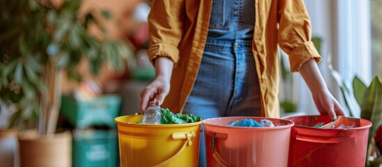 Wall Mural - close up concept Sort garbage at home There are three buckets for different types of garbage Young woman sorts waste in the kitchen. Creative Banner. Copyspace image