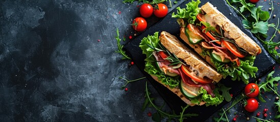 Aufkleber - Club sandwich with chicken breast bacon tomato cucumber and herbs. Creative Banner. Copyspace image