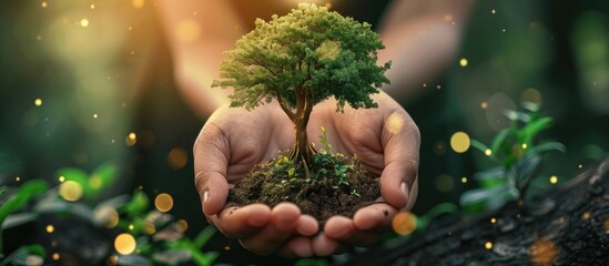 Poster - Environmentally friendly concept Symbolic tree made of green leaves and hand drawn cartoon sketch with hands supporting the crown Save environment rescue the forests Ecology poster Flat lay