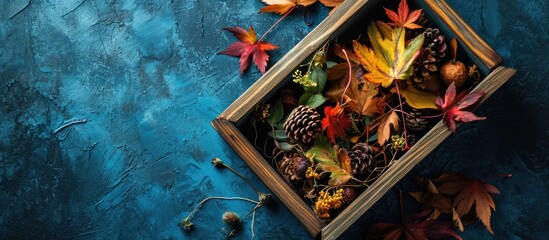 Aufkleber - Flat lay composition for autumn holidays greeting cards Pine cones oak branches acorns leaves chestnuts in a wooden box on the blue textured background Top view. Creative Banner. Copyspace image
