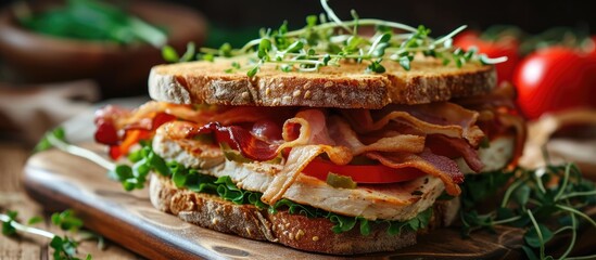 Aufkleber - Club sandwich with chicken breast bacon tomato cucumber and herbs. Creative Banner. Copyspace image