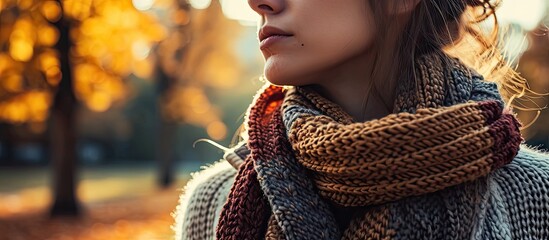 Poster - Fashionable woman is walking in park at fall season Woman wearing long knitted sweater and wool scarf outdoors Fashion and lifestyle concept. Creative Banner. Copyspace image