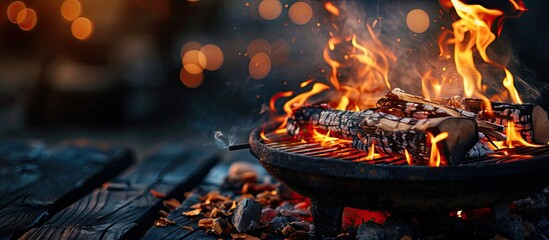 Canvas Print - Freshly lit barbecue fire with logs of burning wood over small chips of kindling in a portable BBQ. Creative Banner. Copyspace image