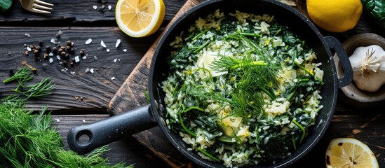 Poster - close up of Spanakorizo Greek spinach and rice pilaf with lemon dill scallion in frying pan on dark wooden table horizontal view from above. Creative Banner. Copyspace image