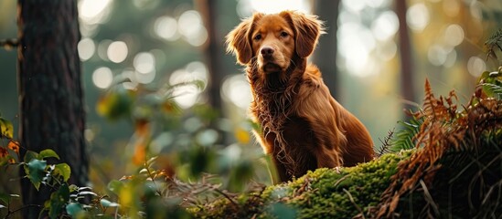 Poster - dog in forest on a log red Nova Scotia Duck Tolling Retriever in nature nature photo of pets. Creative Banner. Copyspace image