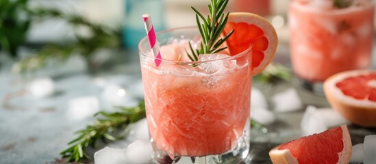 Poster - Cold refreshing grapefruit smoothie with rosemary and ice in glasses grapefruit wedges and rosemary sprigs on the table home party. Creative Banner. Copyspace image
