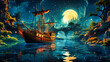 Set sail on a mysterious adventure with this moonlit ship illustration. The artwork combines elements of fantasy and nautical exploration in a captivating scene.