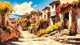 Fototapeta Uliczki - Transport yourself to a charming European village with this old-town illustration. The artwork showcases traditional architecture and narrow streets in a picturesque setting.