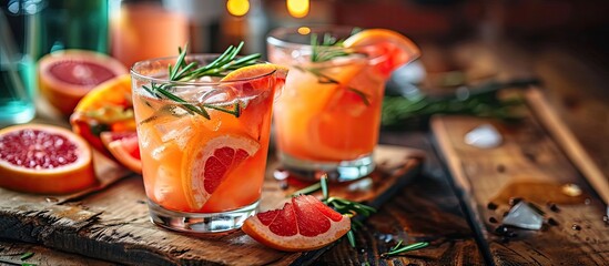 Poster - Cold refreshing grapefruit smoothie with rosemary and ice in glasses grapefruit wedges and rosemary sprigs on the table home party. Creative Banner. Copyspace image