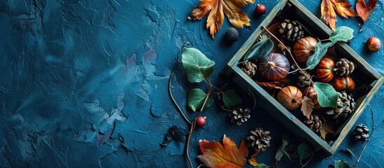 Aufkleber - Flat lay composition for autumn holidays greeting cards Pine cones oak branches acorns leaves chestnuts in a wooden box on the blue textured background Top view. Creative Banner. Copyspace image