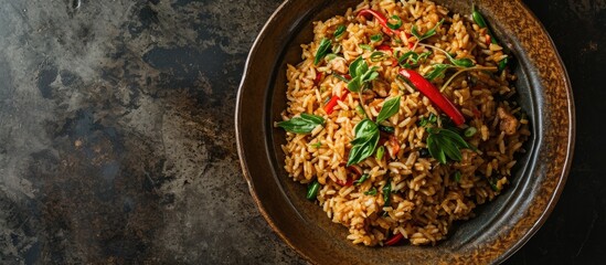 Wall Mural - Delicious Asian pilaf on a brown plate horizontal view from above rustic style. Creative Banner. Copyspace image