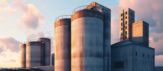 Wall Mural - Brick chimney and concrete silos for limestone storage. Creative Banner. Copyspace image