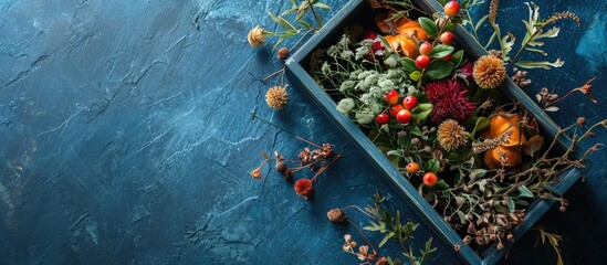 Aufkleber - Flat lay composition for autumn holidays greeting cards Pine cones oak branches acorns leaves chestnuts in a wooden box on the blue textured background Top view. Creative Banner. Copyspace image