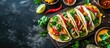 Delicious tacos with grilled fish cilantro lime cabbage carrot jalapeno and radish with mexican chili crema sauce. Creative Banner. Copyspace image