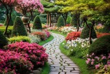 Fototapeta Tulipany - Garden with blooming flowers and pathway