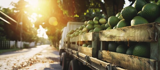 Sticker - Farmers loading the truck with full hass avocado s boxes Harvest Season. Creative Banner. Copyspace image