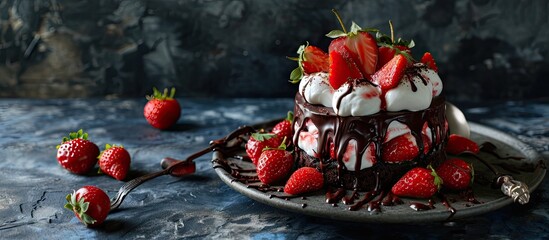 Canvas Print - Delicious chocolate cakes with fresh strawberries Sweet dessert good morning concept Homemade baking cream topping Dark stone concrete background top view. Creative Banner. Copyspace image