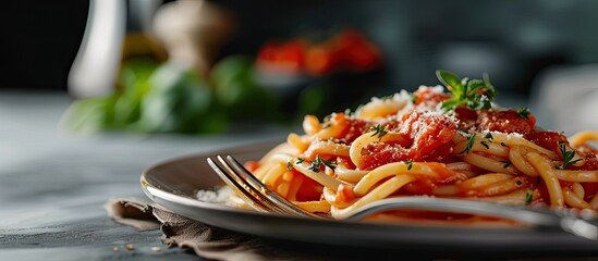 Wall Mural - Delicious Rose Pasta Plating Fork tomato sauce. Creative Banner. Copyspace image