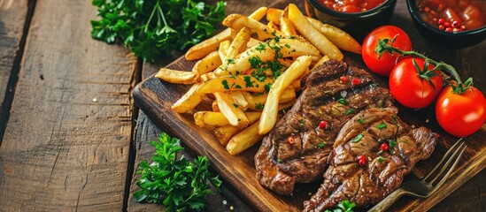 Poster - Freshly grilled steak with French Fries parsley and tomatoes. Creative Banner. Copyspace image