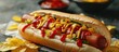 Brazilian style hot dog with mustard ketchup and potato straw. Creative Banner. Copyspace image