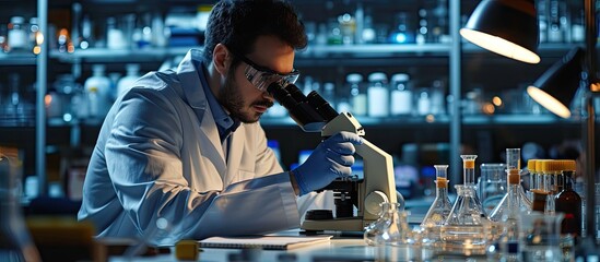 Wall Mural - biochemistry laboratory research chemist is analyzing sample in laboratory with microscope equipment