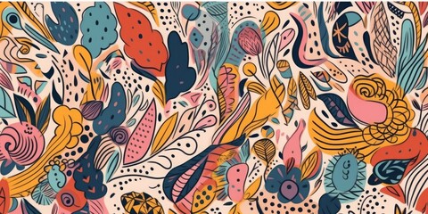 Wall Mural - Decorative abstract seamless pattern with colorful doodles. Hand-drawn modern illustration, Generative AI 