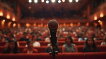 A Single Microphone On A Stand Is Highlighted By A Spotlight Against A Blurred Background Of An Auditorium Filled With An Expectant Audience, Suggesting A Live Performance Or Speech.