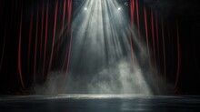 Stage Background Design, Heavy Velvet Curtain Open, Black Stage Background Illuminated By Bright Rays Of Light, Spotlights And Artificial Smoke.