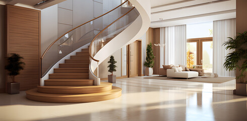 Wall Mural - Interior design of modern entrance hall with staircase in villa ai generative