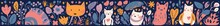 Cute Spring Pattern Collection With Cat. Decorative Abstract Horizontal Banner With Colorful Doodles. Hand-drawn Modern Illustrations With Cats, Flowers, Abstract, Generative AI 