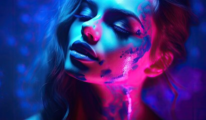 Wall Mural - Portrait of a model against a neon pink and blue background, exuding a futuristic and fashionable vibe.