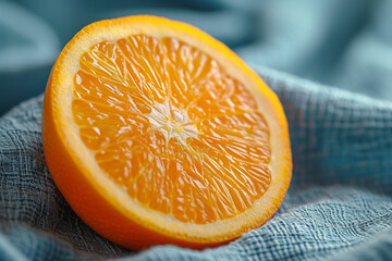 Fototapete - An image of a single pastel-colored orange slice gently resting on a soft blue canvas, symbolizing freshness and purity,