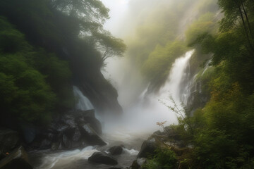 Canvas Print - view of waterfall with mist generative ai