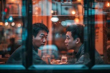 Two men share a moment of intense contemplation over a cup of coffee, their faces etched with the weight of the bustling city outside the window of the cozy restaurant