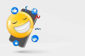 Poster - Modern smartphone with social media icons and laughing emoji with sunglasses. 3d vector banner with copy space