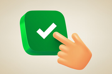 Aufkleber - Hand pressing green button with checkmark. 3d vector illustration
