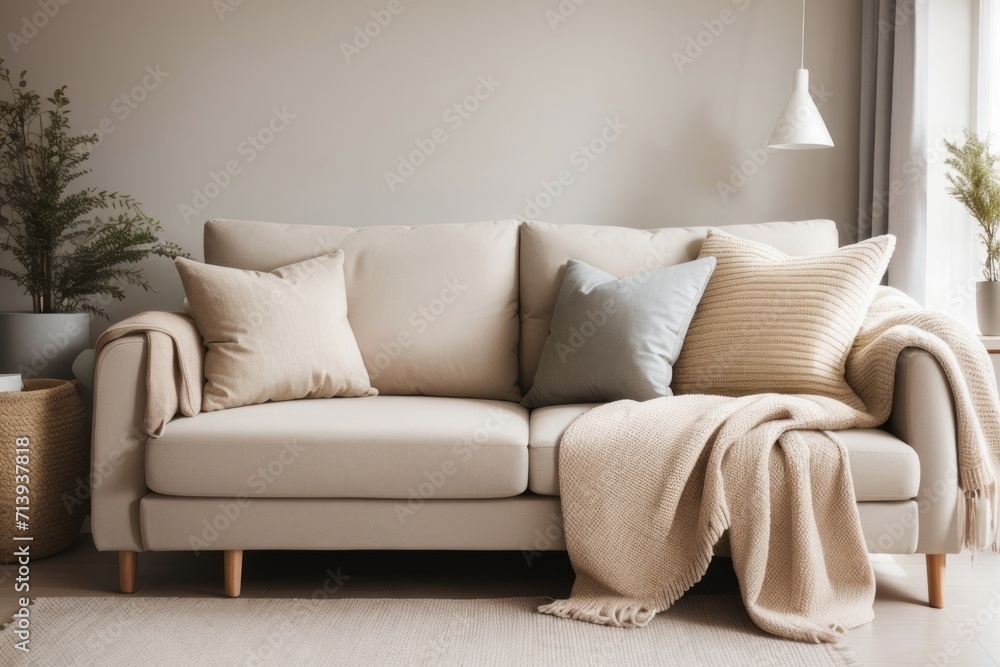 Scandinavian interior home design of modern living room with beige sofa ...